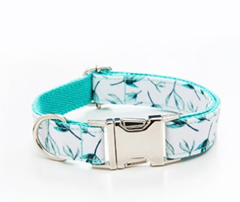 Personalized Adjustable Dog Collar & Leash Set with Bow Tie – Tree Leaf Print Cotton Collar with Metal Buckle for Small & Large Dogs