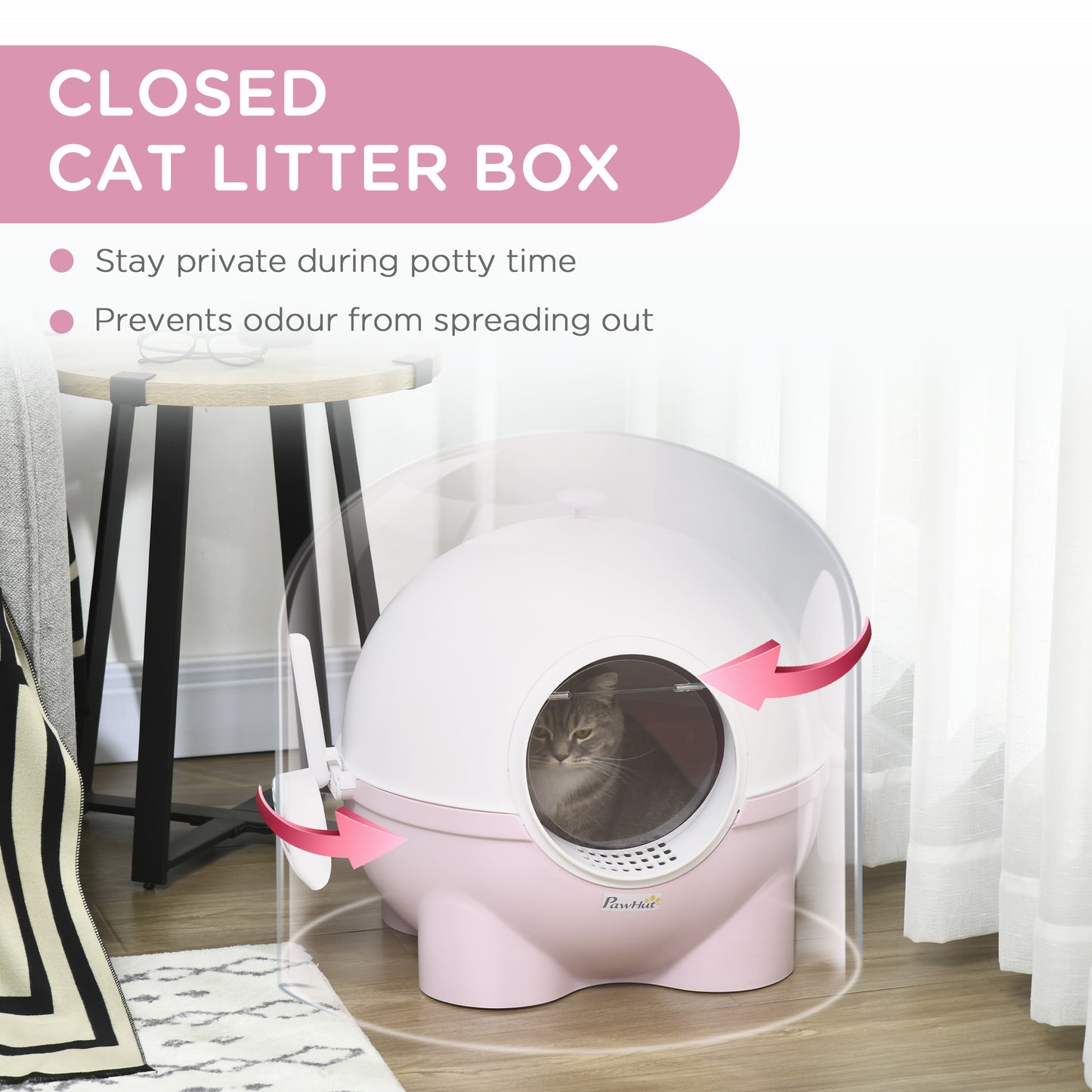 Hooded Cat Litter Box with Scoop – Large Covered Kitty Litter Pan with Leak Guard & Sand Drain Door, Pink