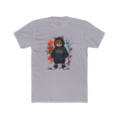 Street Cat Graphic Tee — Hoodie Cat with 'TAND' Logo, Urban Art Paint-Splash T-Shirt