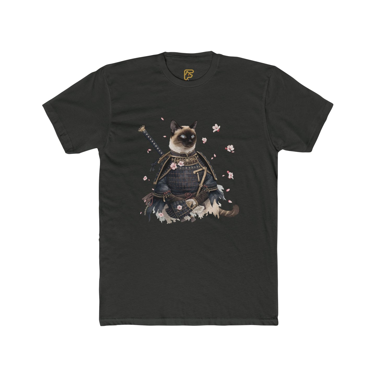 Samurai Cat Graphic Tee — Cute Warrior Cat T-Shirt with Sword & Cherry Blossoms