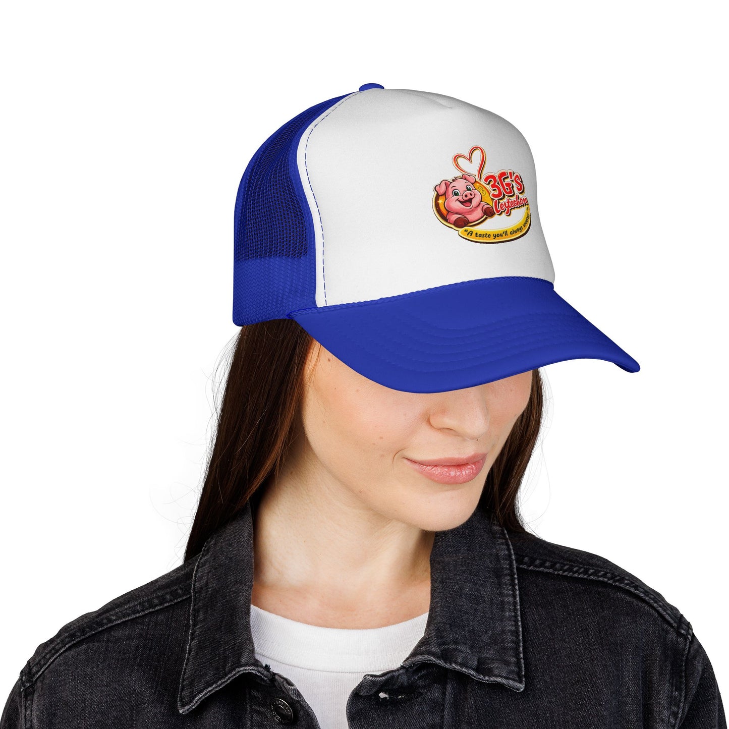 Pig Mascot Trucker Cap — 3G's Leftovers Retro Food Logo Mesh Hat