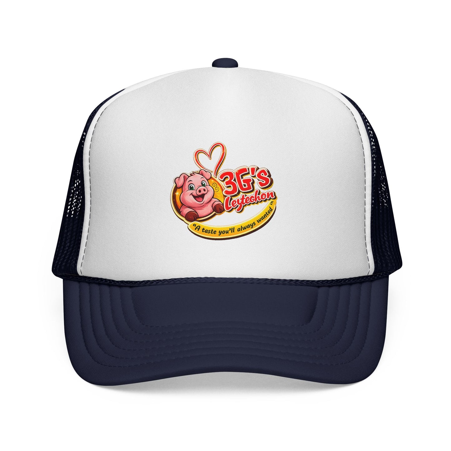Pig Mascot Trucker Cap — 3G's Leftovers Retro Food Logo Mesh Hat