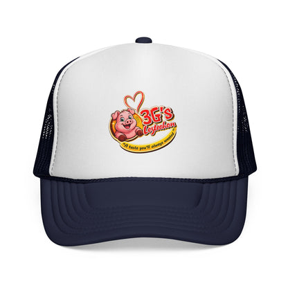 Pig Mascot Trucker Cap — 3G's Leftovers Retro Food Logo Mesh Hat