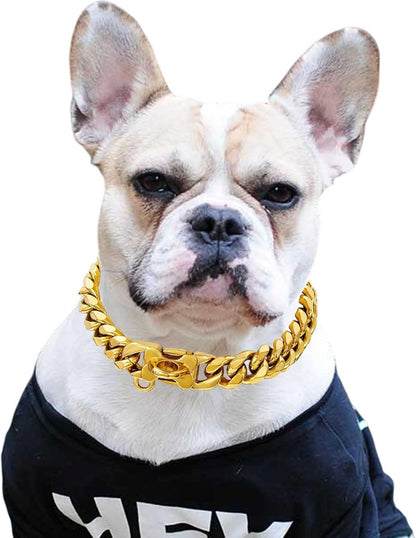 Cuban Link Dog Collar – Gold & Silver Stainless Steel Chain for Medium & Large Dogs