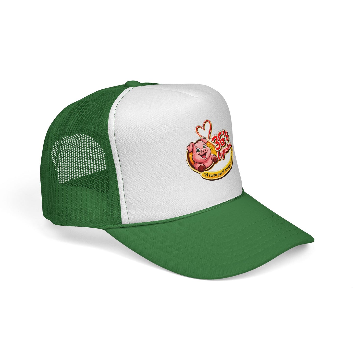 Pig Mascot Trucker Cap — 3G's Leftovers Retro Food Logo Mesh Hat