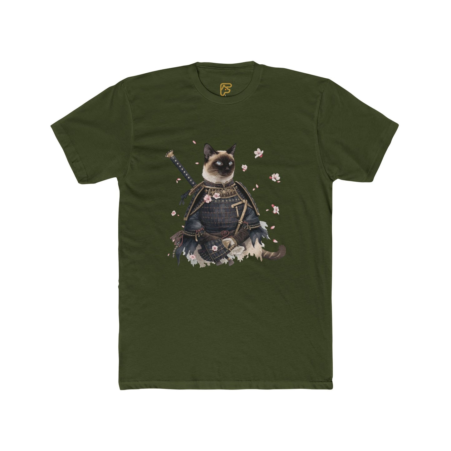 Samurai Cat Graphic Tee — Cute Warrior Cat T-Shirt with Sword & Cherry Blossoms
