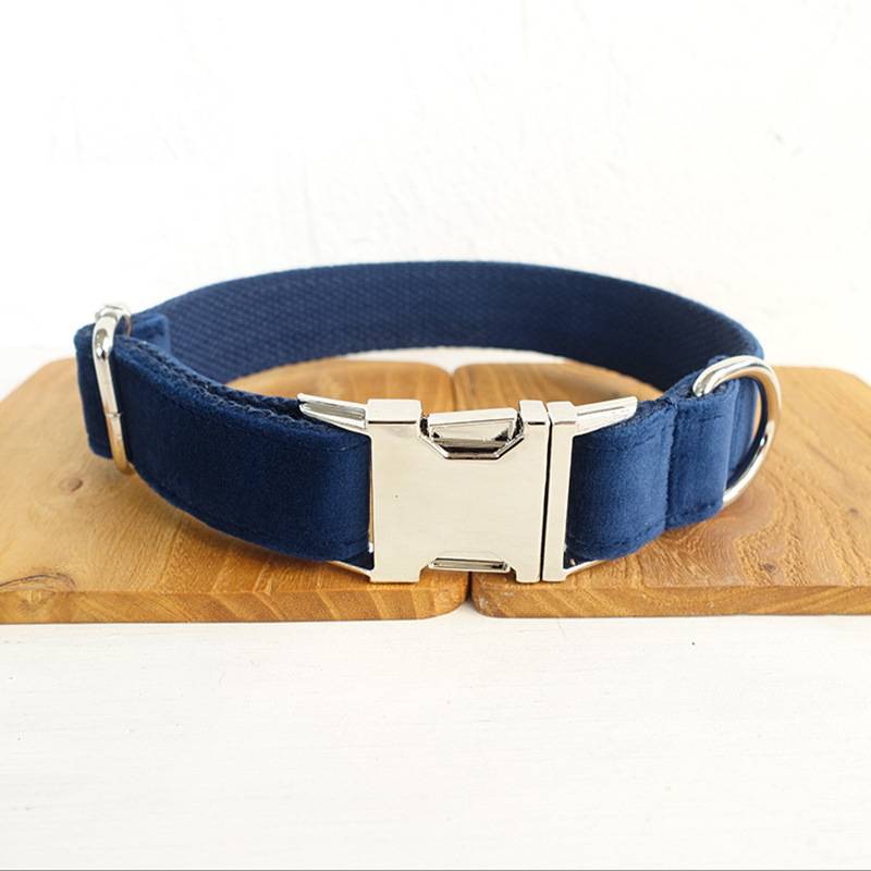 Pet Bow Collar with Traction Chain – Adjustable Dog Collar with Lead Chain, Dark Blue Velvet, for Small & Large Dogs