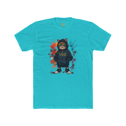 Street Cat Graphic Tee — Hoodie Cat with 'TAND' Logo, Urban Art Paint-Splash T-Shirt