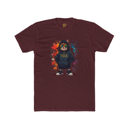 Street Cat Graphic Tee — Hoodie Cat with 'TAND' Logo, Urban Art Paint-Splash T-Shirt