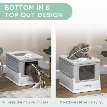 Fully Enclosed Cat Litter Box – Front Entry & Top Exit Hooded Design with Pull-Out Tray, Gray & White