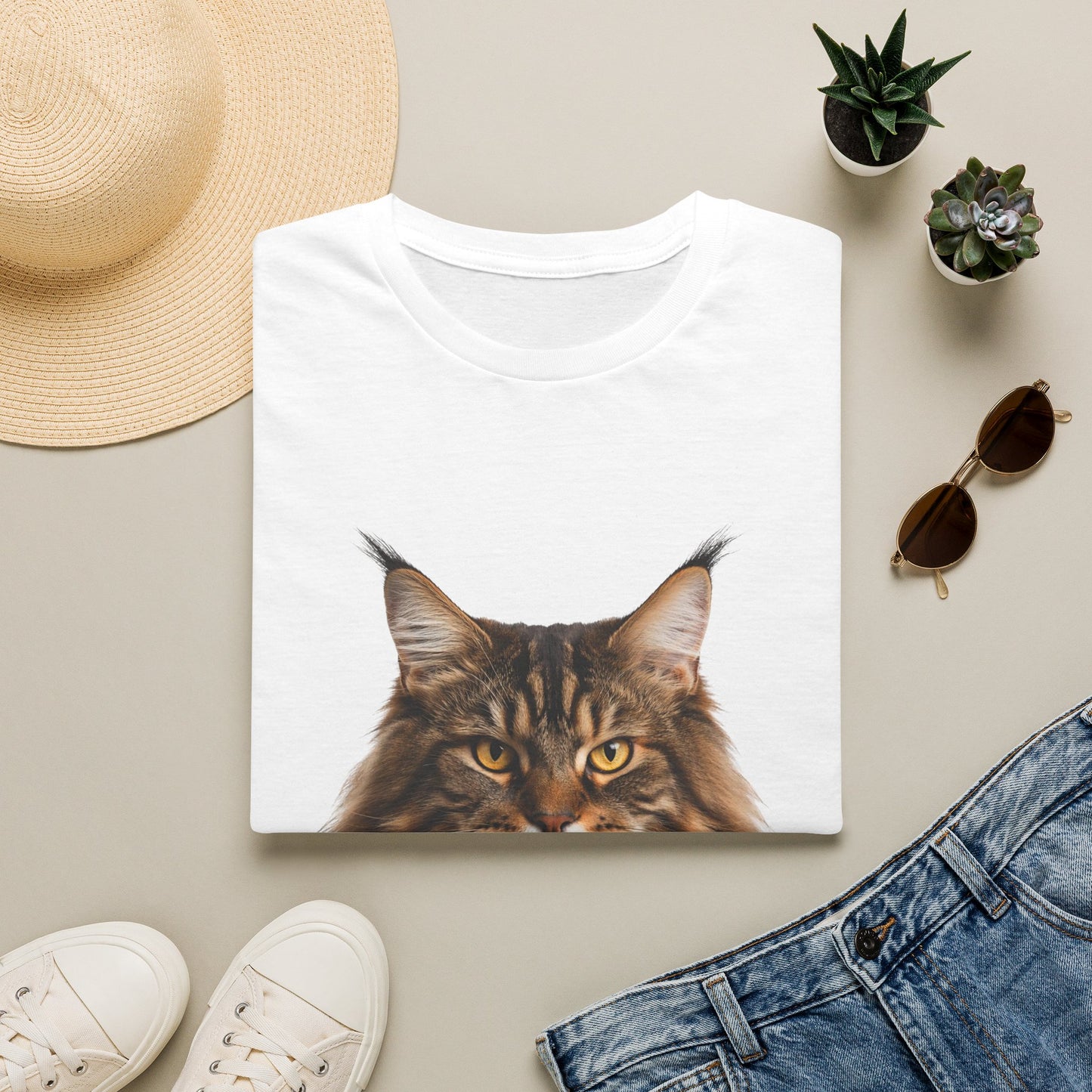Maine Coon Cat Portrait T-Shirt — Realistic Brown Tabby Cat Tee