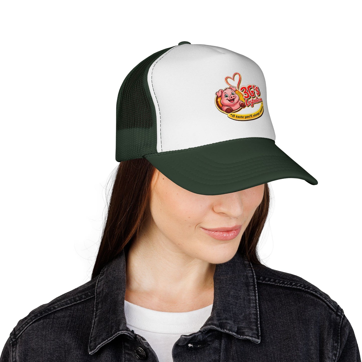 Pig Mascot Trucker Cap — 3G's Leftovers Retro Food Logo Mesh Hat