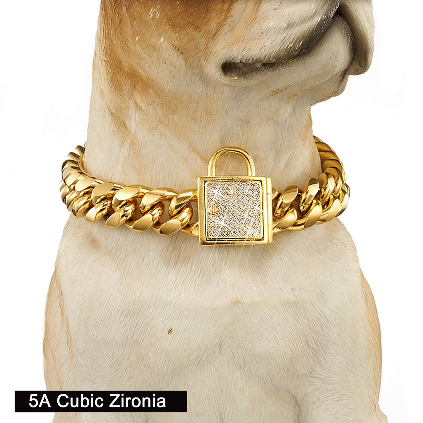 Cuban Link Dog Collar – Gold & Silver Stainless Steel Chain for Medium & Large Dogs