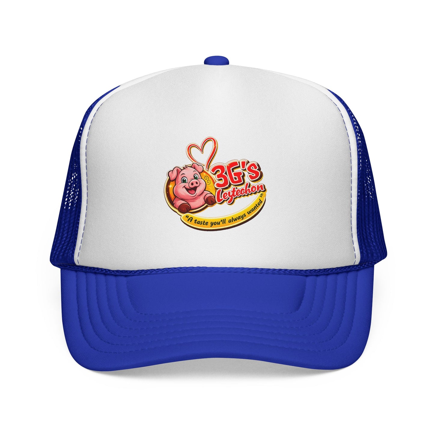Pig Mascot Trucker Cap — 3G's Leftovers Retro Food Logo Mesh Hat