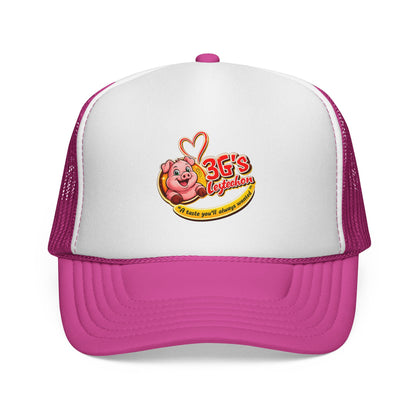 Pig Mascot Trucker Cap — 3G's Leftovers Retro Food Logo Mesh Hat
