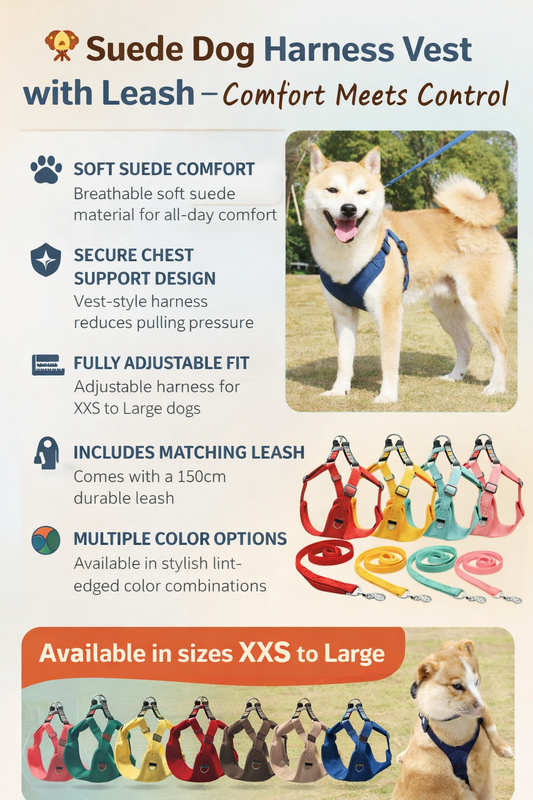 Suede Dog Harness Vest with Matching Leash – Soft Breathable Adjustable Chest Harness for Small & Medium Dogs