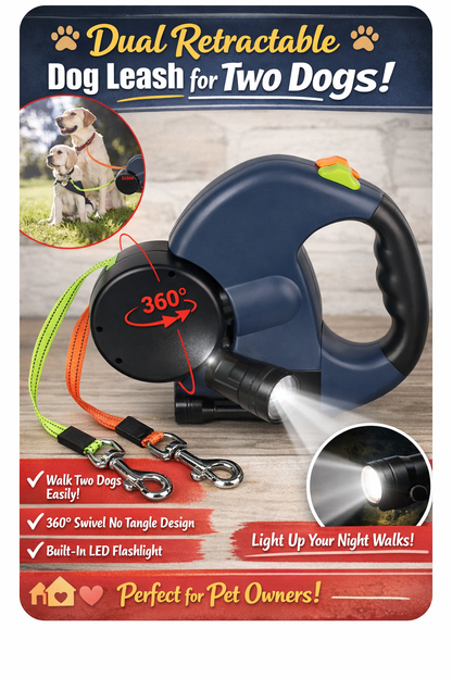 Retractable Dual Dog Leash with LED Light – 360° Swivel Reflective Double Lead for Small Dogs, Separate Brake Control, Poop Bag Holder