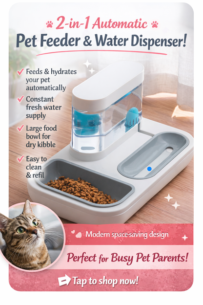 Automatic Pet Feeder & Water Dispenser Set for Cats and Dogs – 1500ml Gravity Food & Water Bowl, Double Bowl Design, ABS/AS/PP – Snow Mountain White & Starry Blue