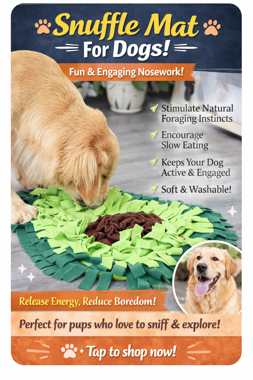 Dog Snuffle Mat Interactive Puzzle Toy – Avocado Treat Feeding Training Blanket for Stress Relief, Non-Slip & Washable (69×53cm, Green)