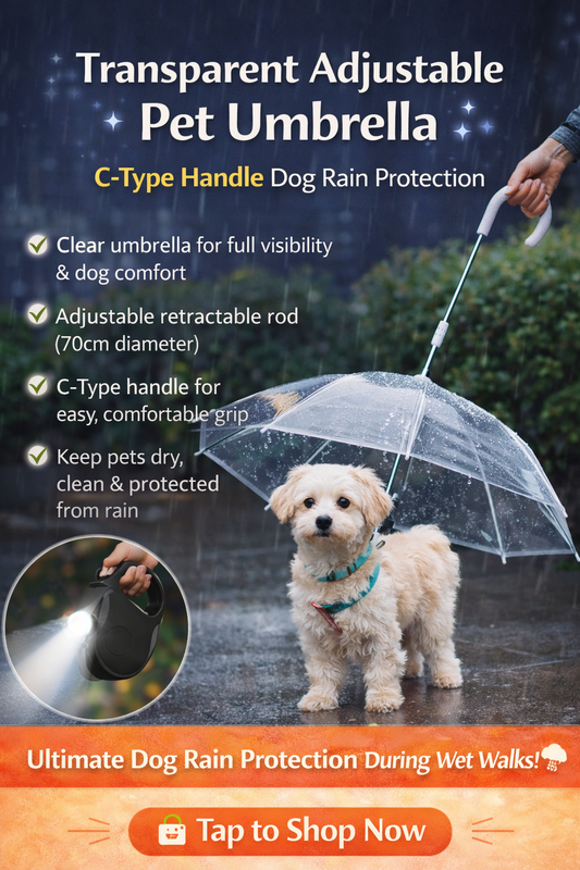 Transparent Adjustable Pet Umbrella – C-Type Handle Dog Rain Protection with Retractable Rod (70cm Diameter)