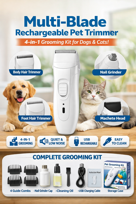 Multi-Blade Rechargeable Pet Trimmer – 4-in-1 Grooming Kit for Dogs & Cats, Quiet, Easy-to-Clean, USB Rechargeable