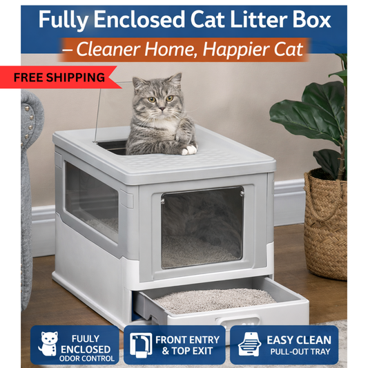 Fully Enclosed Cat Litter Box – Front Entry & Top Exit Hooded Design with Pull-Out Tray, Gray & White