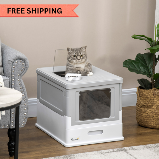 Fully Enclosed Cat Litter Box – Front Entry & Top Exit Hooded Design with Pull-Out Tray, Gray & White