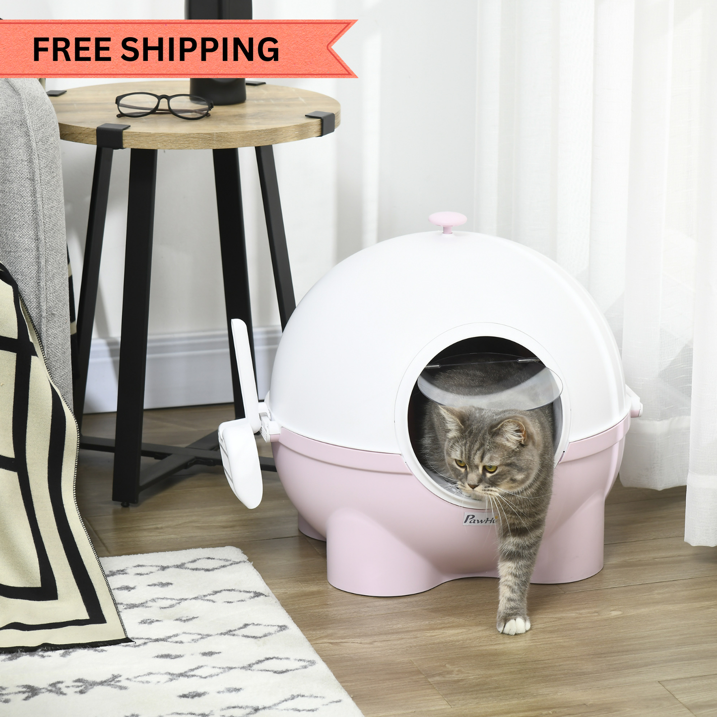 Hooded Cat Litter Box with Scoop – Large Covered Kitty Litter Pan with Leak Guard & Sand Drain Door, Pink