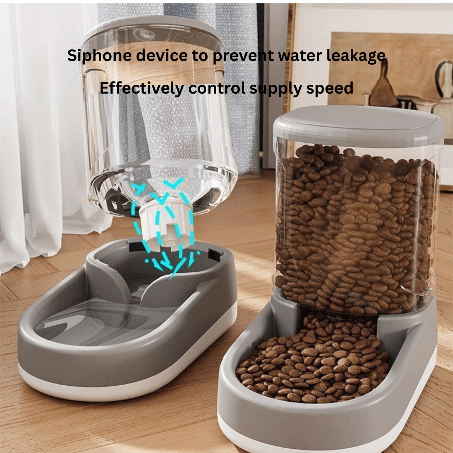 Automatic Cat & Dog Water Fountain and Pet Feeder – BPA-Free Plastic, 2-in-1 Gravity Dispenser, Gray/Blue/Pink