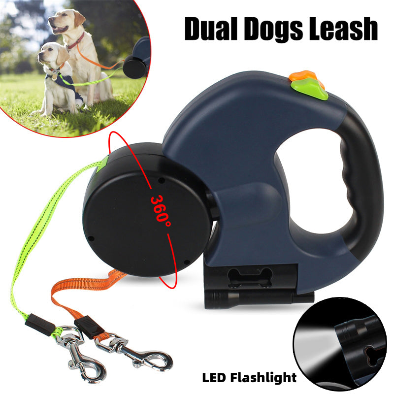 Retractable Dual Dog Leash with LED Light – 360° Swivel Reflective Double Lead for Small Dogs, Separate Brake Control, Poop Bag Holder