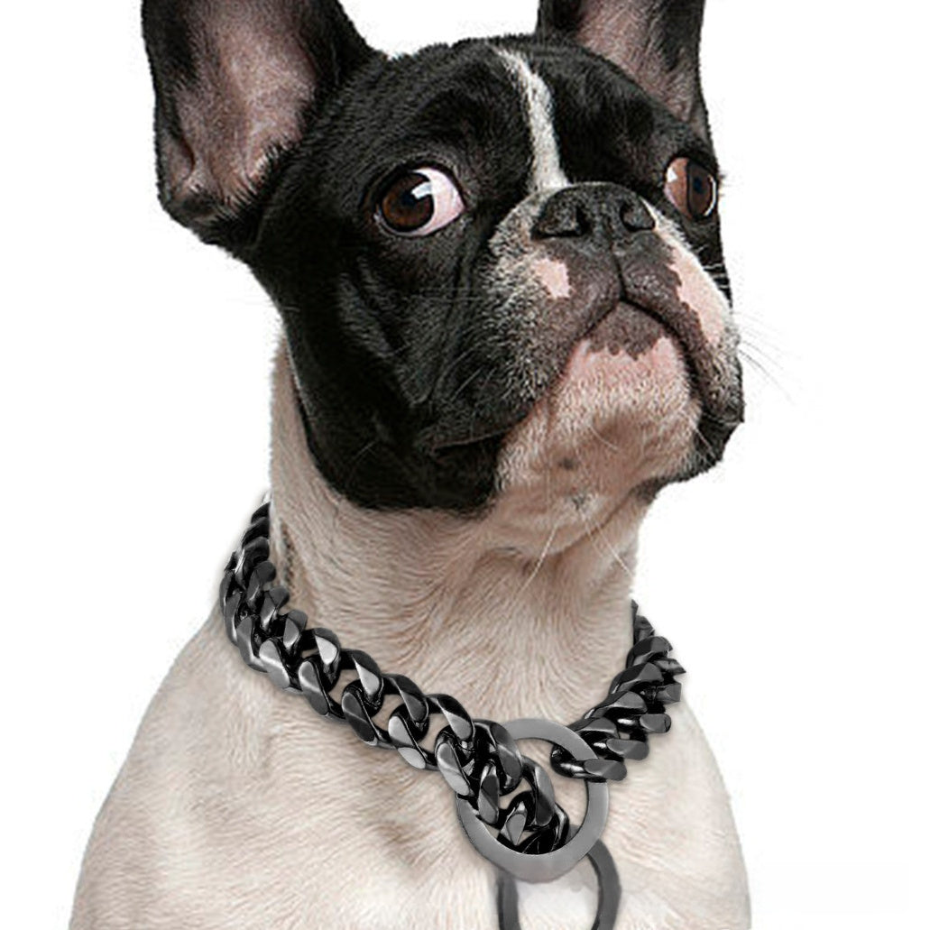 Titanium Steel Cuban Link Dog Chain Leash – 15MM Hip Hop Gold Metal Pet Collar (14–30 Inch, Black/Silver/Gold/Rose Gold)