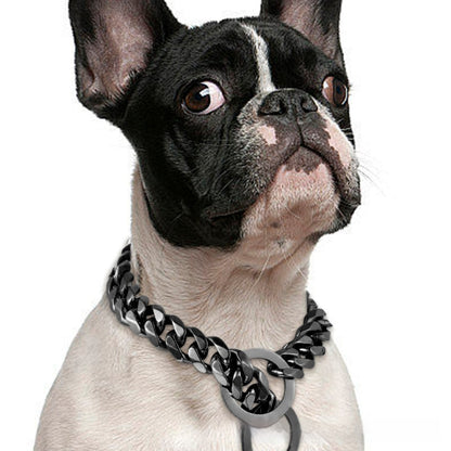 Titanium Steel Cuban Link Dog Chain Leash – 15MM Hip Hop Gold Metal Pet Collar (14–30 Inch, Black/Silver/Gold/Rose Gold)