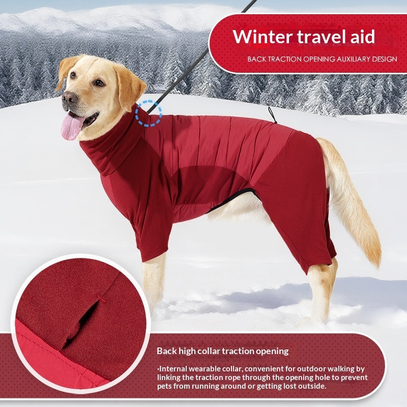 Winter Thick Hoodie for Large Dogs – Four-Leg Full Body Warm Polar Fleece Pet Coat (Red/Gray)