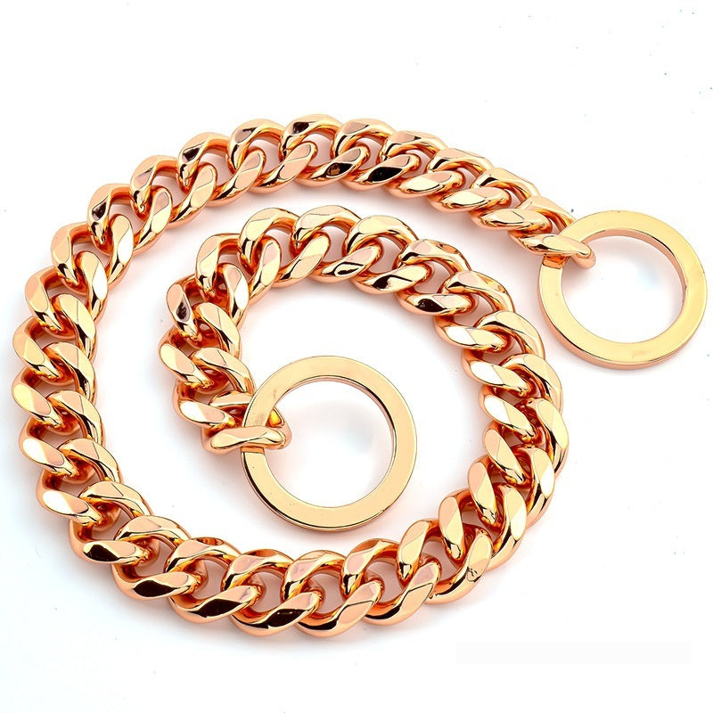 Titanium Steel Cuban Link Dog Chain Leash – 15MM Hip Hop Gold Metal Pet Collar (14–30 Inch, Black/Silver/Gold/Rose Gold)