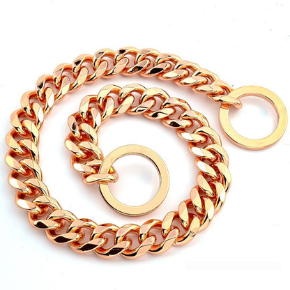 Titanium Steel Cuban Link Dog Chain Leash – 15MM Hip Hop Gold Metal Pet Collar (14–30 Inch, Black/Silver/Gold/Rose Gold)