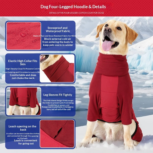 Winter Thick Hoodie for Large Dogs – Four-Leg Full Body Warm Polar Fleece Pet Coat (Red/Gray)
