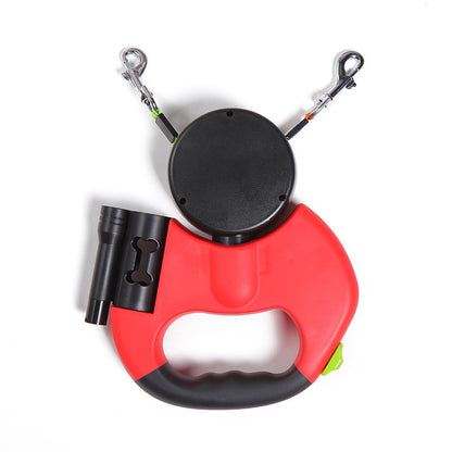 Retractable Dual Dog Leash with LED Light – 360° Swivel Reflective Double Lead for Small Dogs, Separate Brake Control, Poop Bag Holder