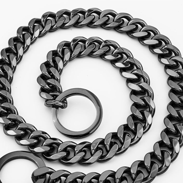 Titanium Steel Cuban Link Dog Chain Leash – 15MM Hip Hop Gold Metal Pet Collar (14–30 Inch, Black/Silver/Gold/Rose Gold)