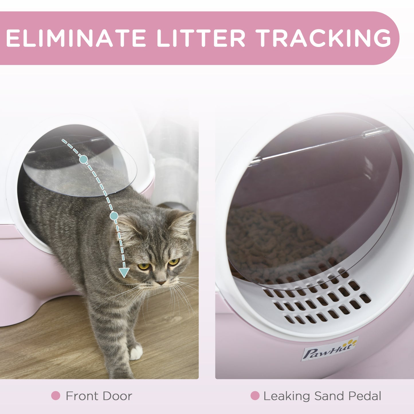 Hooded Cat Litter Box with Scoop – Large Covered Kitty Litter Pan with Leak Guard & Sand Drain Door, Pink