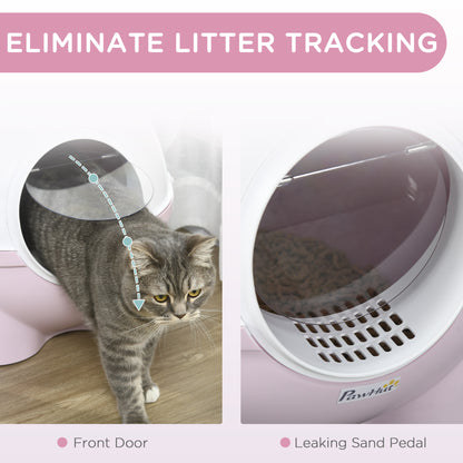 Hooded Cat Litter Box with Scoop – Large Covered Kitty Litter Pan with Leak Guard & Sand Drain Door, Pink