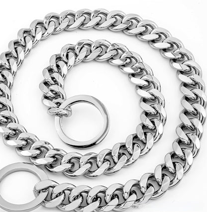 Titanium Steel Cuban Link Dog Chain Leash – 15MM Hip Hop Gold Metal Pet Collar (14–30 Inch, Black/Silver/Gold/Rose Gold)