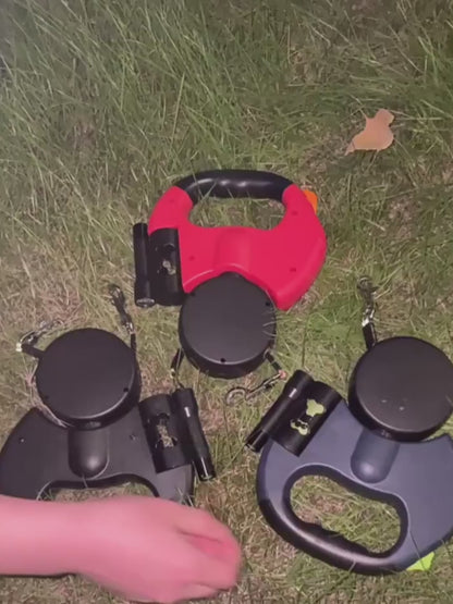 Retractable Dual Dog Leash with LED Light – 360° Swivel Reflective Double Lead for Small Dogs, Separate Brake Control, Poop Bag Holder